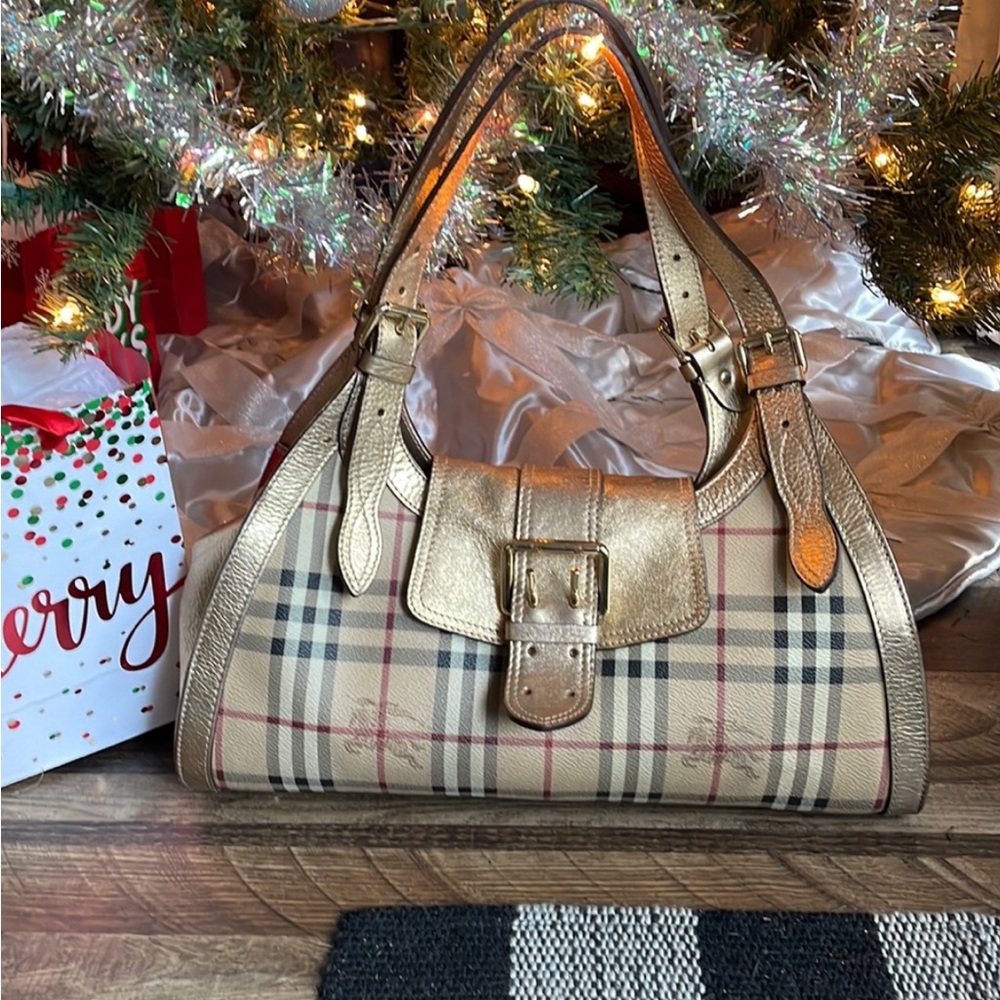 Burberry Buckle Tote Authentic Vintage Gold Shimmer Large Shoulder Bag.